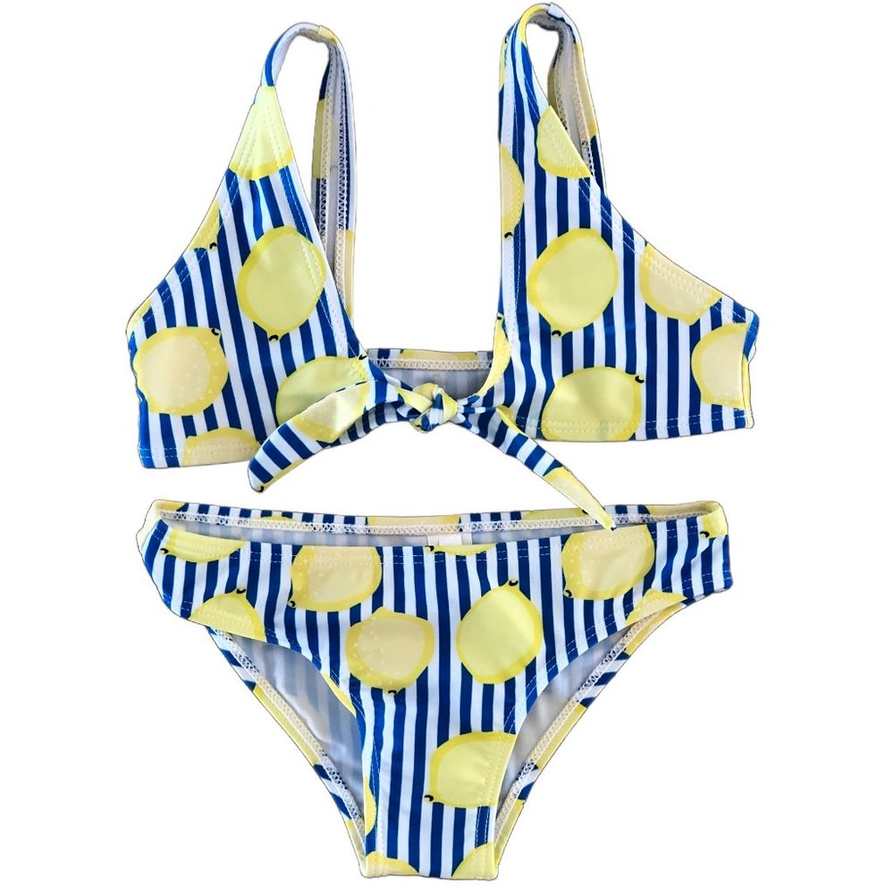 NWOT | Girls Lemon Print w/Blue Strip Halter Top Bikini | Size 7Y